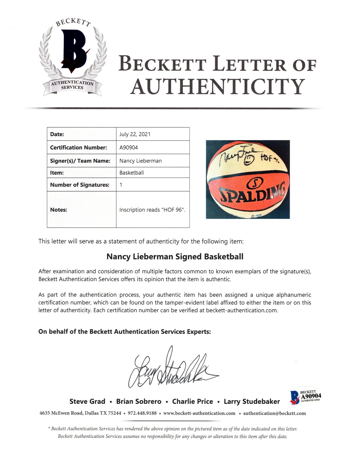 Nancy Lieberman Signed Spalding WNBA Basketball, Phoenix Mercury, Proof Photo, Beckett