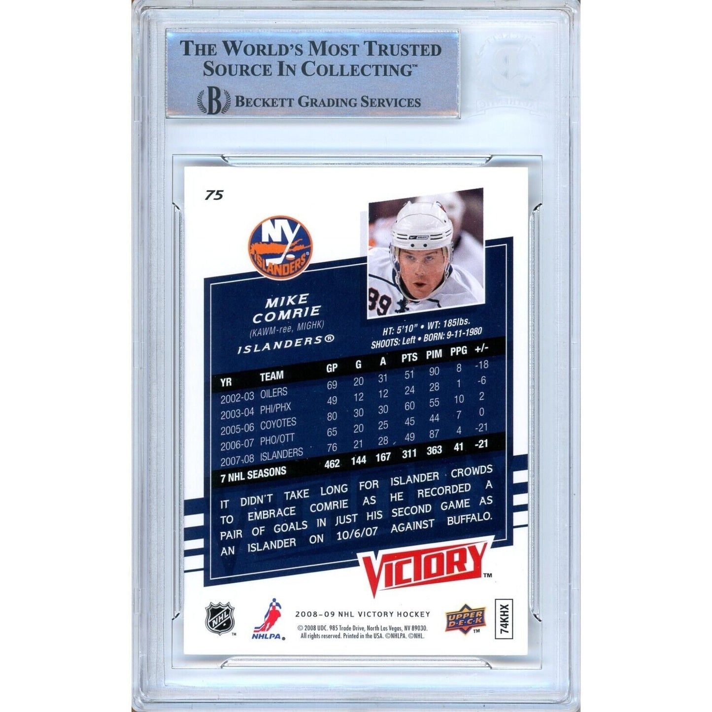 Mike Comrie New York Islanders Signed 2008-09 UD Victory Hockey Card BAS Auth Auto