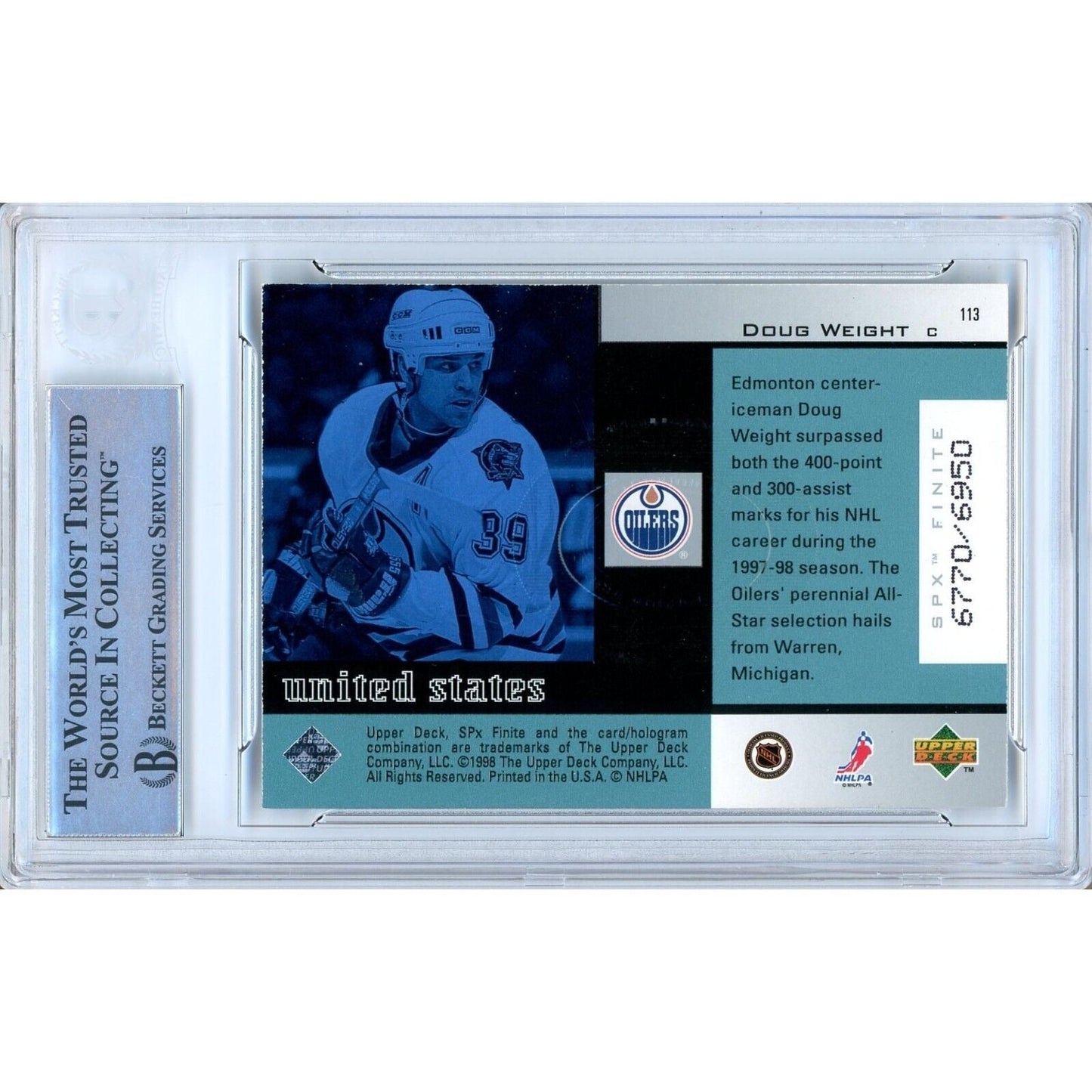 1998-99 SPx Finite #113 — Doug Weight Edmonton Oilers Autographed Trading Card — Beckett Authentication