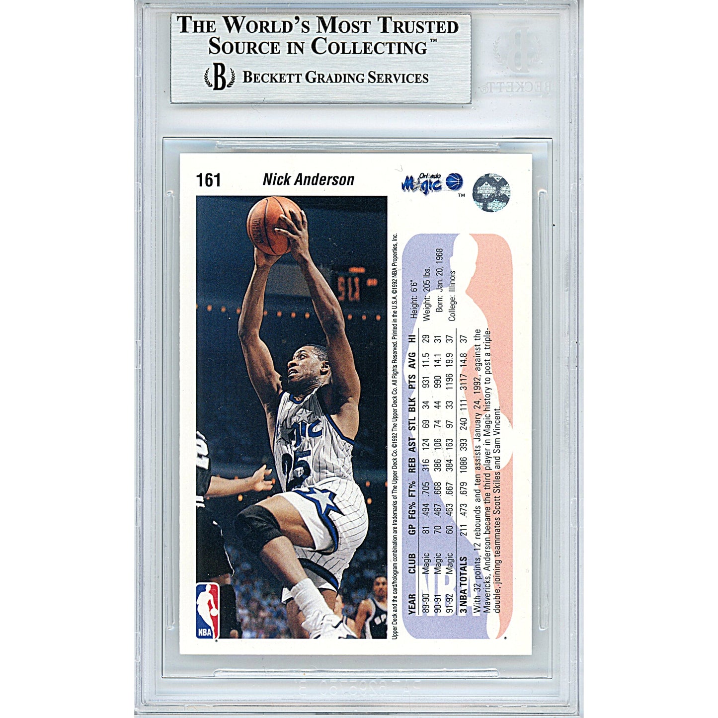 Nick Anderson Signed Orlando Magic 1992-93 Upper Deck Basketball Card Beckett Slab