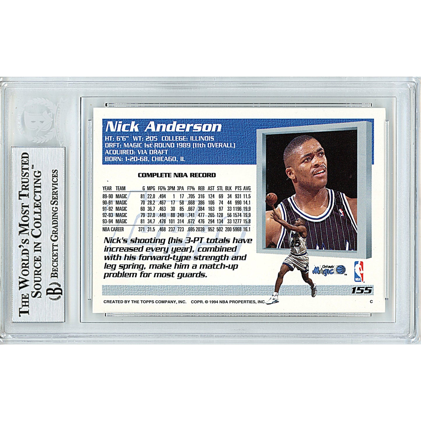 Nick Anderson Signed Orlando Magic 1994-95 Topps Basketball Card Beckett Auth Auto Slab