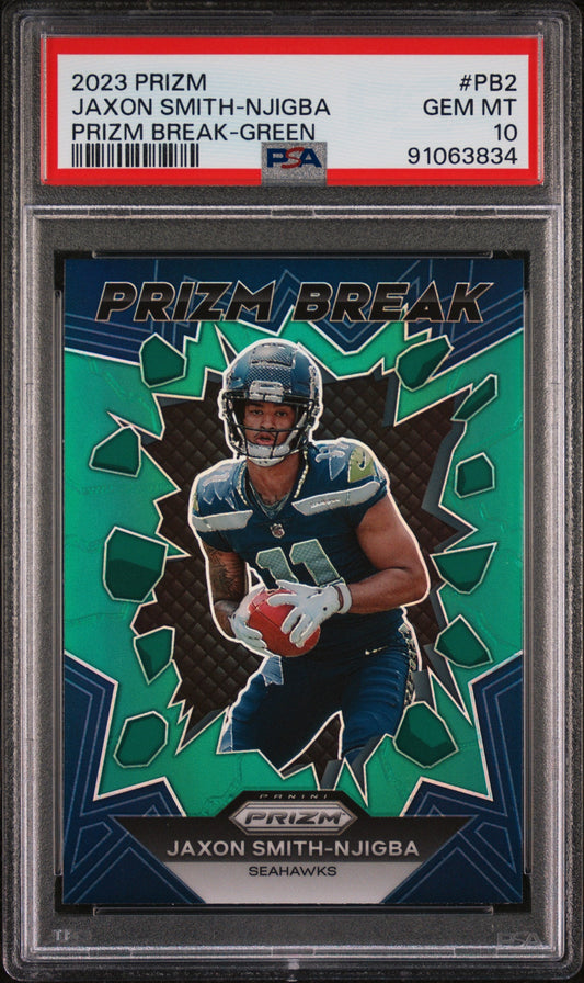 Graded 2023 Panini Prizm Jaxon Smith-Njigba #PB2 Prizm Break Green Rookie RC Football Card PSA 10 Gem Mint