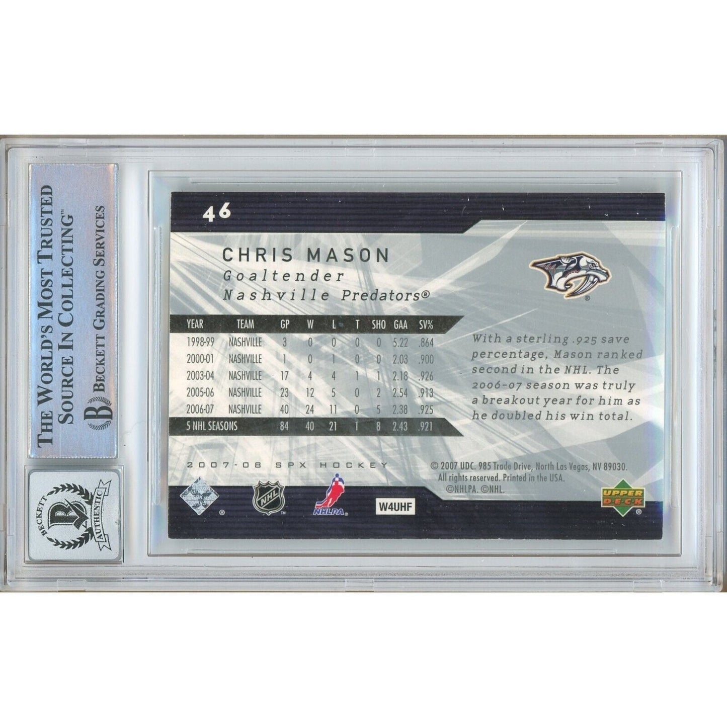 2007-08 Upper Deck SPx #46 — Chris Mason Nashville Predators Autographed Trading Card — Beckett Authentication