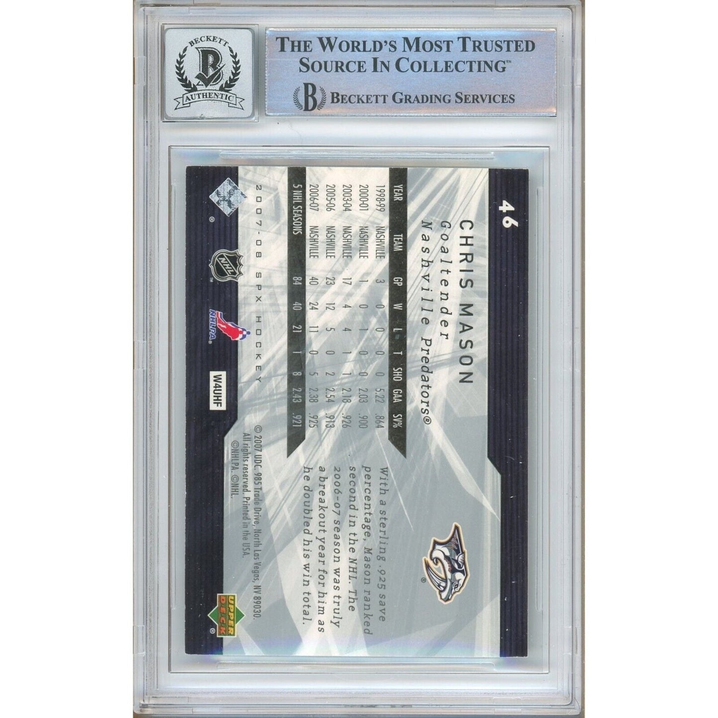 2007-08 Upper Deck SPx #46 — Chris Mason Nashville Predators Autographed Trading Card — Beckett Authentication