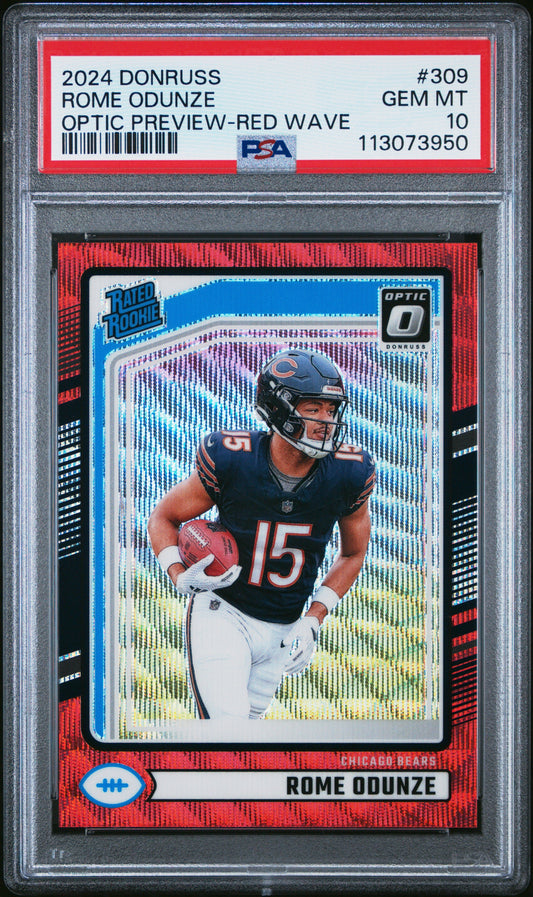 Graded 2024 Panini Donruss Rome Odunze #309 Optic Preview Red Wave Rookie RC Football Card PSA 10 Gem Mint