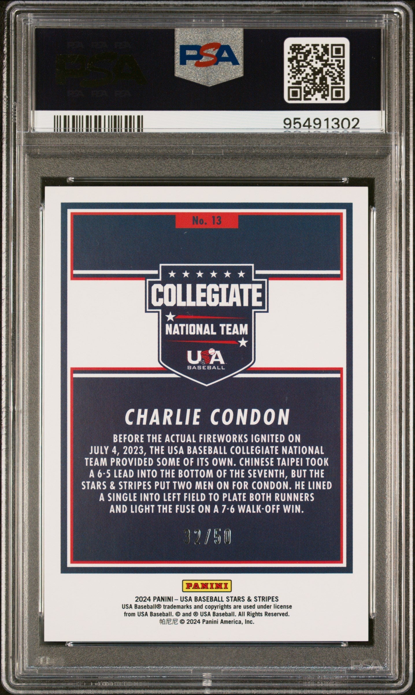 Graded 2024 Panini Stars & Stripes USA Charlie Condon #13 Stars & Stripes #/50 Rookie RC Baseball Card PSA 10 Gem Mint