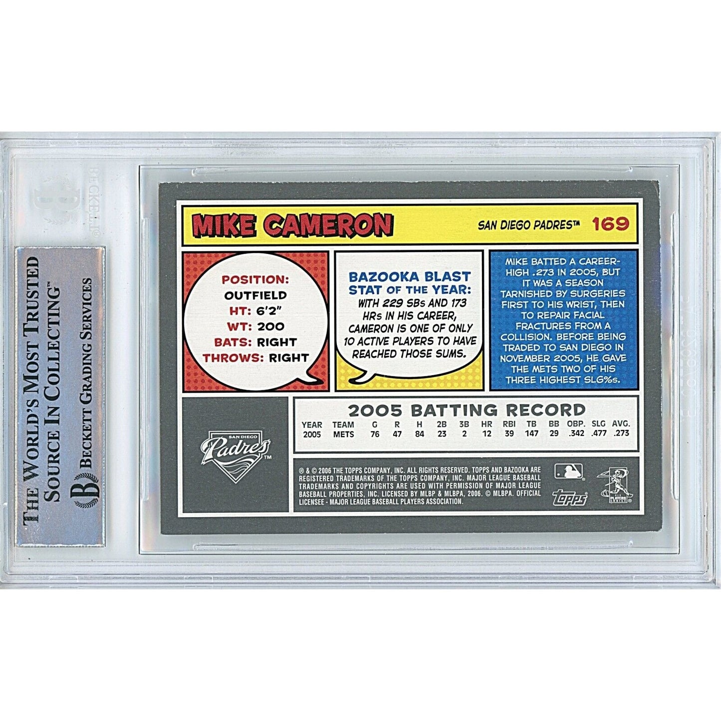 Mike Cameron San Diego Padres Signed 2006 Topps Bazooka Card Beckett Auth Auto Slab