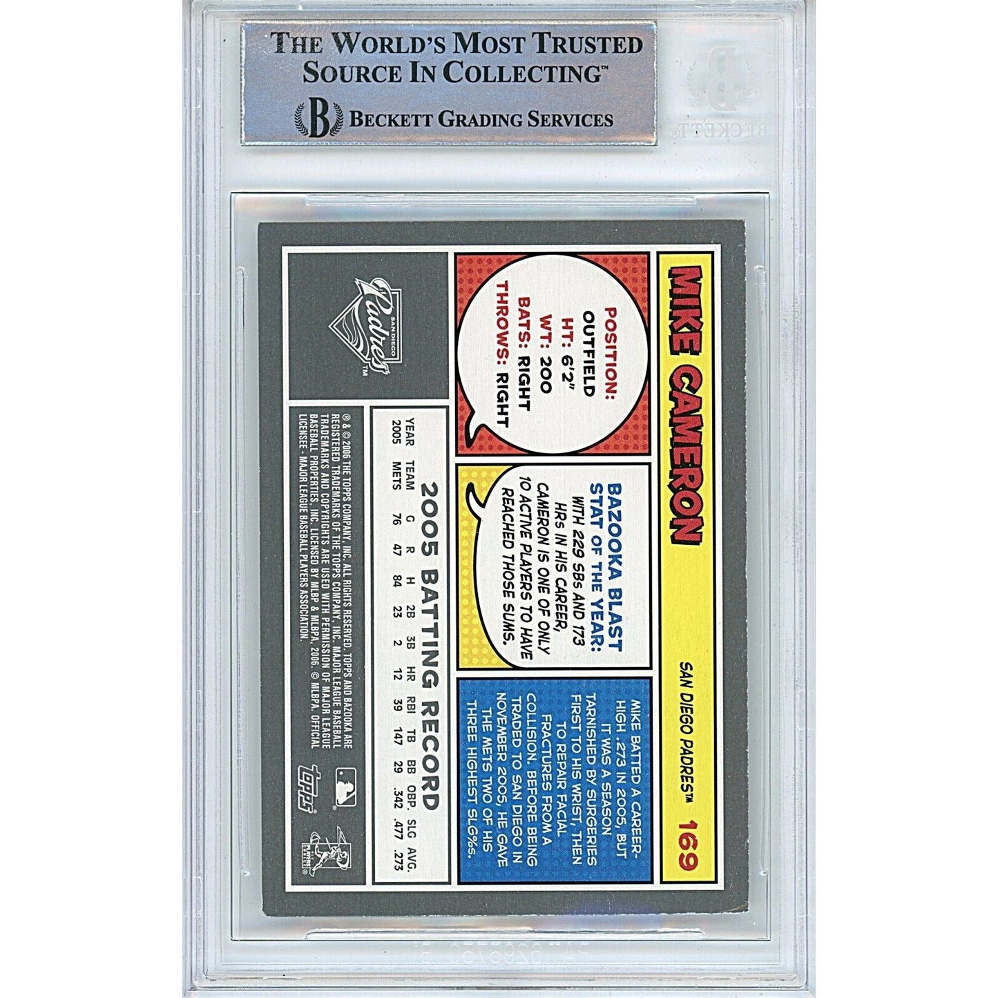 Mike Cameron San Diego Padres Signed 2006 Topps Bazooka Card Beckett Auth Auto Slab