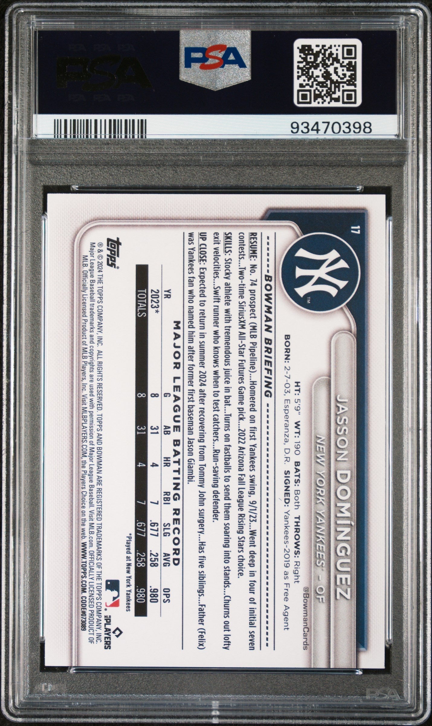 Graded 2024 Topps Bowman Jasson Dominguez #17 Rookie RC Baseball Card PSA 10 Gem Mint