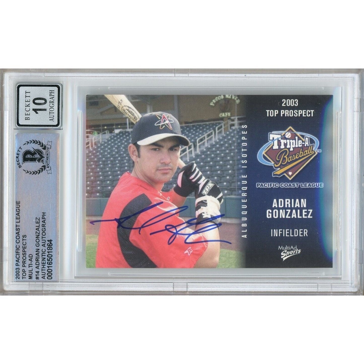 2003 PCL Top Prospects #14 — Adrian Gonzalez Autographed Trading Card — Beckett Authentication