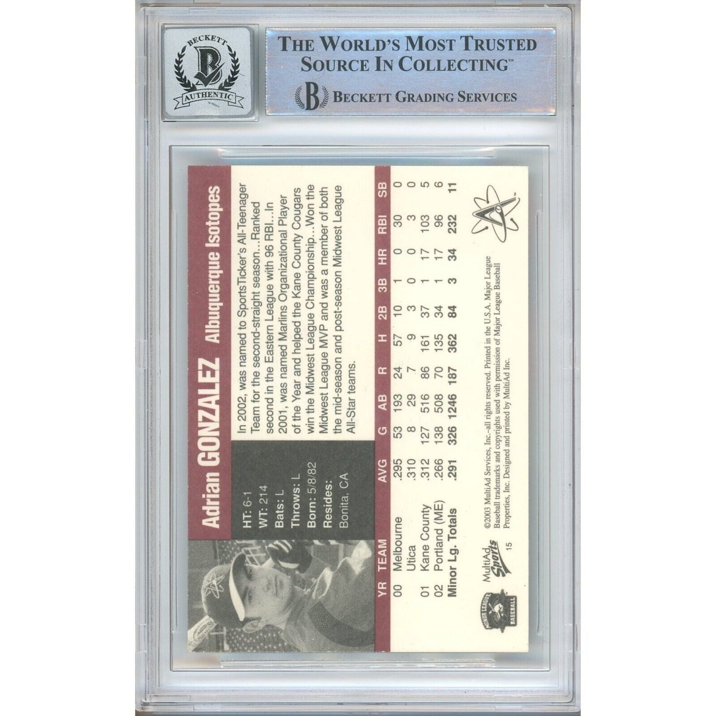 2003 PCL Top Prospects #14 — Adrian Gonzalez Autographed Trading Card — Beckett Authentication