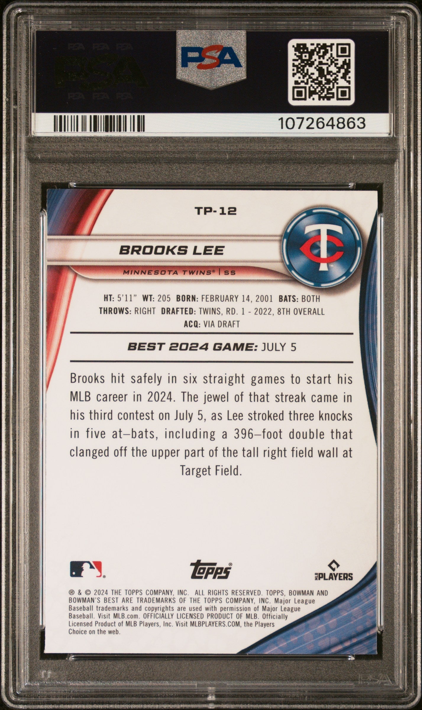 Graded 2024 Topps Bowmans Best Brooks Lee #TP12 Top Prospects Aqua Lava /199 Rookie RC Baseball Card PSA 10 Gem Mint