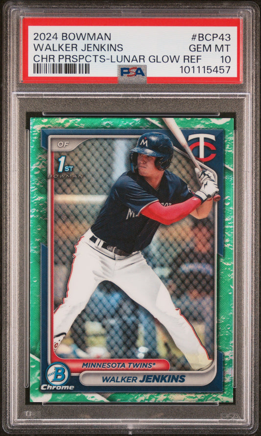 Graded 2024 Topps Bowman Walker Jenkins #BCP43 Chrome Prospects Lunar Glow Refractor Rookie RC Baseball Card PSA 10 Gem Mint