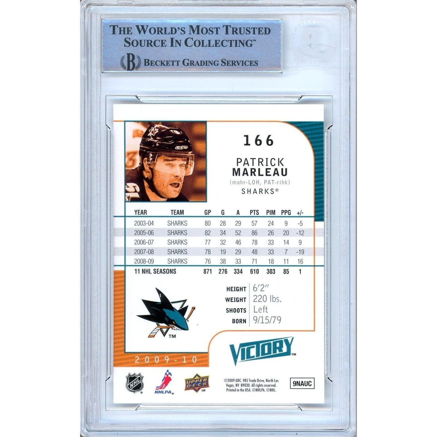 Patrick Marleau San Jose Sharks Signed 2009-10 Upper Deck Victory Card BAS Auth Auto