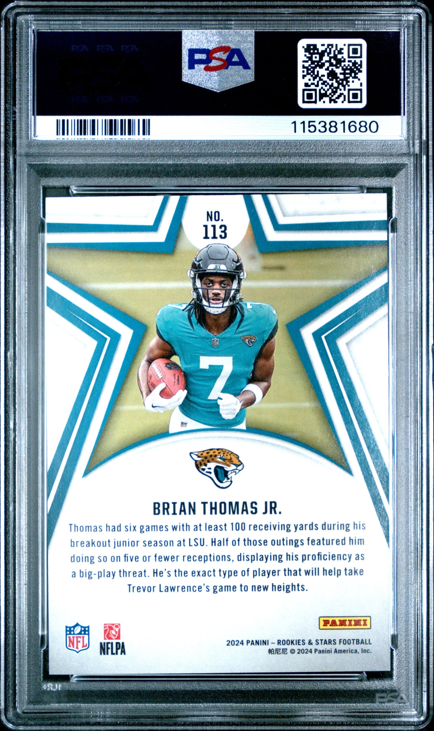 Graded 2024 Panini Rookies & Stars Brian Thomas Jr #113 Purple /299 Rookie RC Football Card PSA 10 Gem Mint - Sport Cards