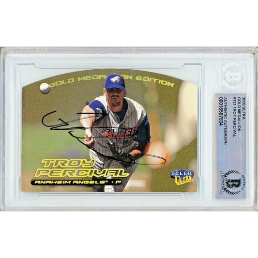 Troy Percival LA Angels Signed 2000 Ultra Gold Medallion Card Beckett Authentic Auto Slab