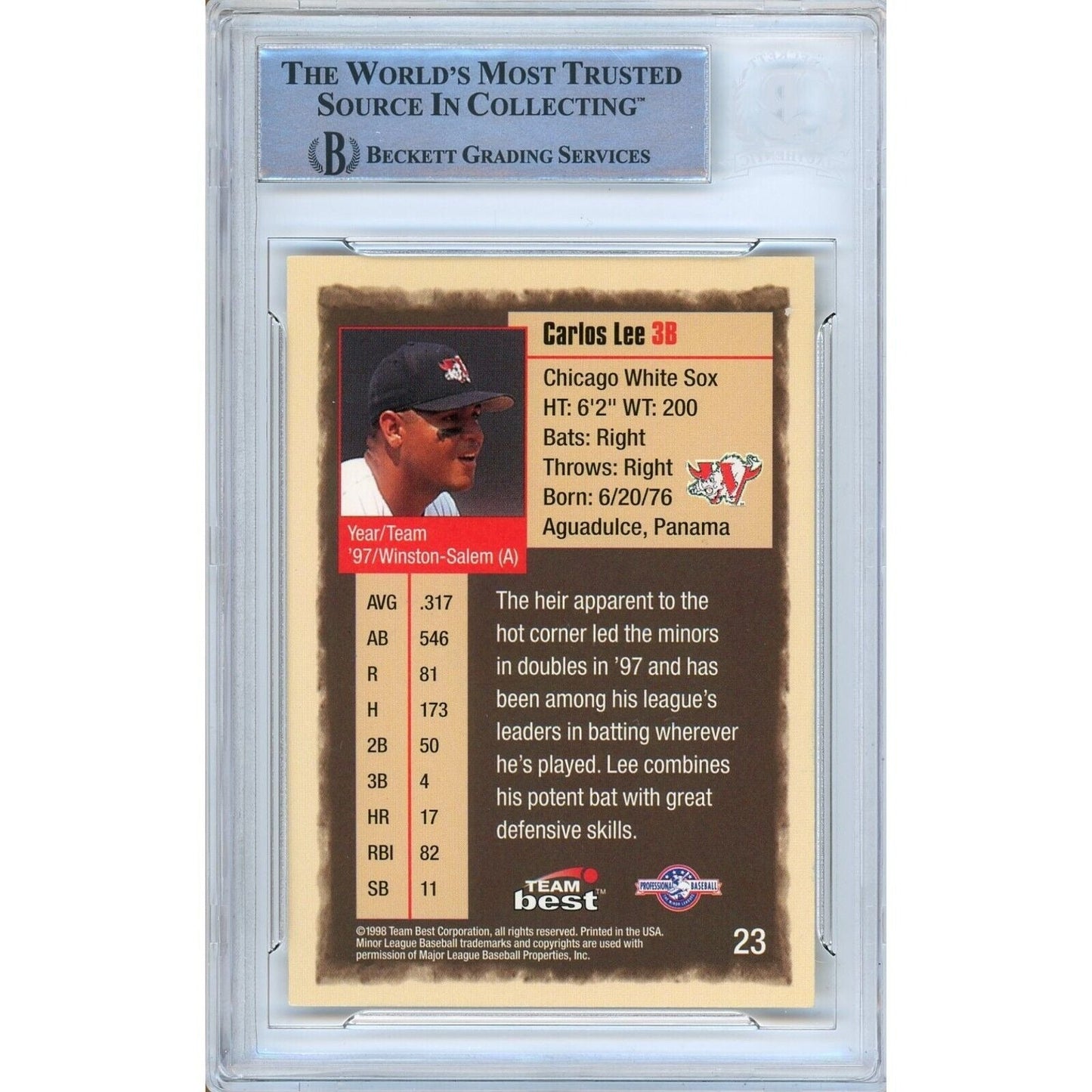 1998 Team Best #23 — Carlos Lee Chicago White Sox Autographed Trading Card — Beckett Authentication