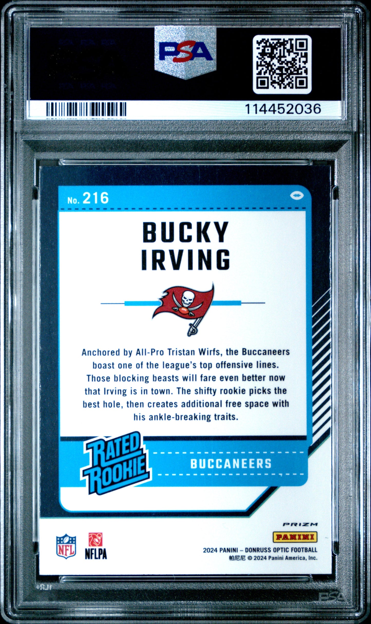 Graded 2024 Panini Donruss Optic Bucky Irving #216 Blue Hyper Rookie RC Football Card PSA 10 Gem Mint