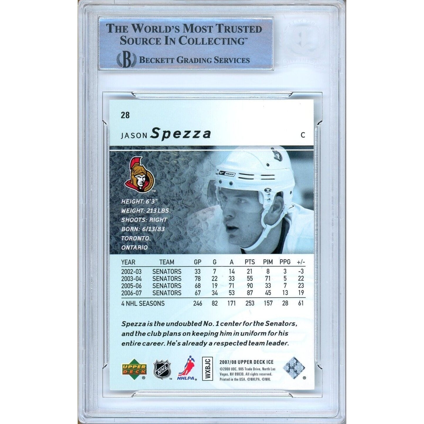 2007-08 Upper Deck Ice #28 — Jason Spezza Ottawa Senators Autographed Trading Card Beckett Authentication