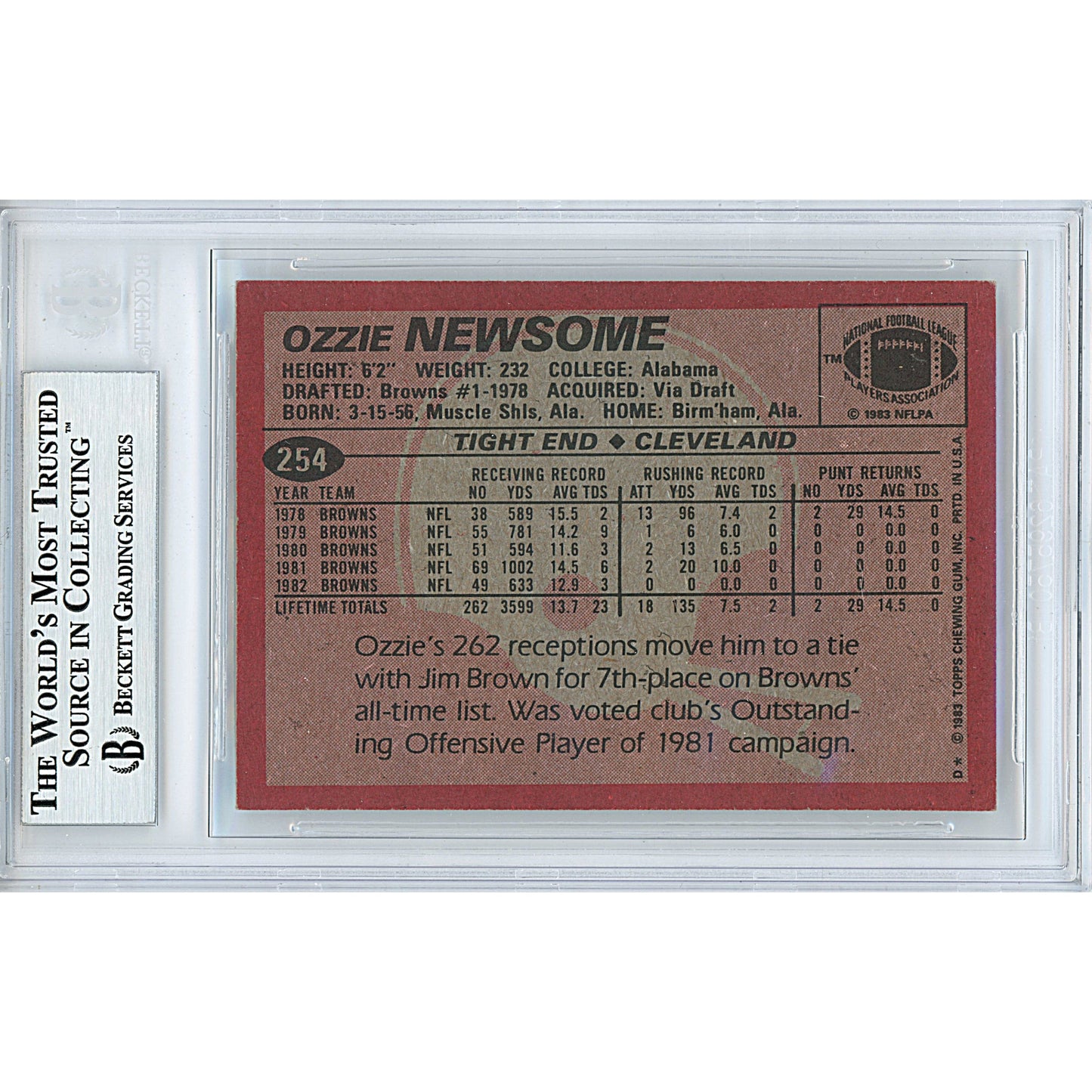 Ozzie Newsome Signed Cleveland Browns 1983 Topps Football Card Beckett Auth Auto Slab