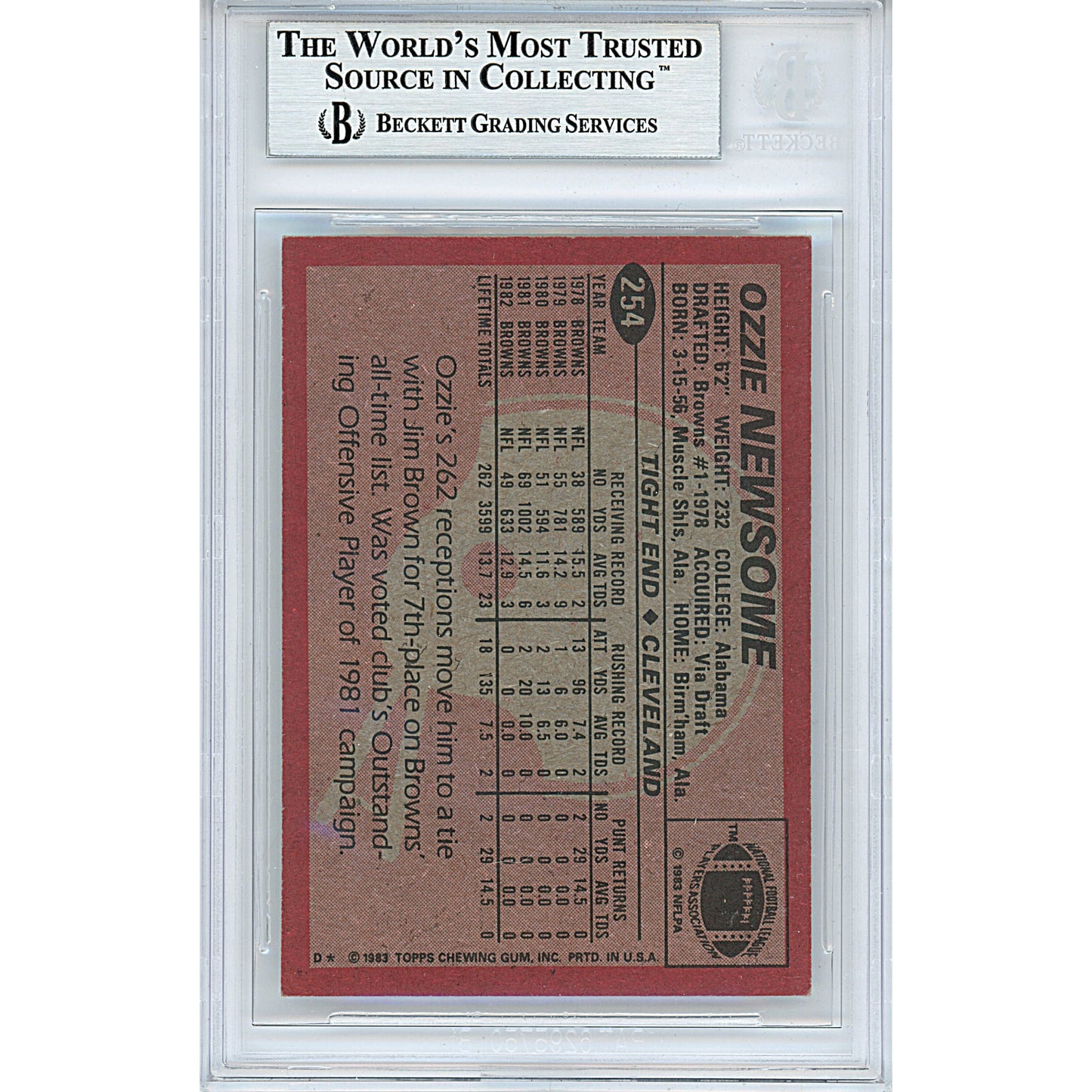Ozzie Newsome Signed Cleveland Browns 1983 Topps Football Card Beckett Auth Auto Slab