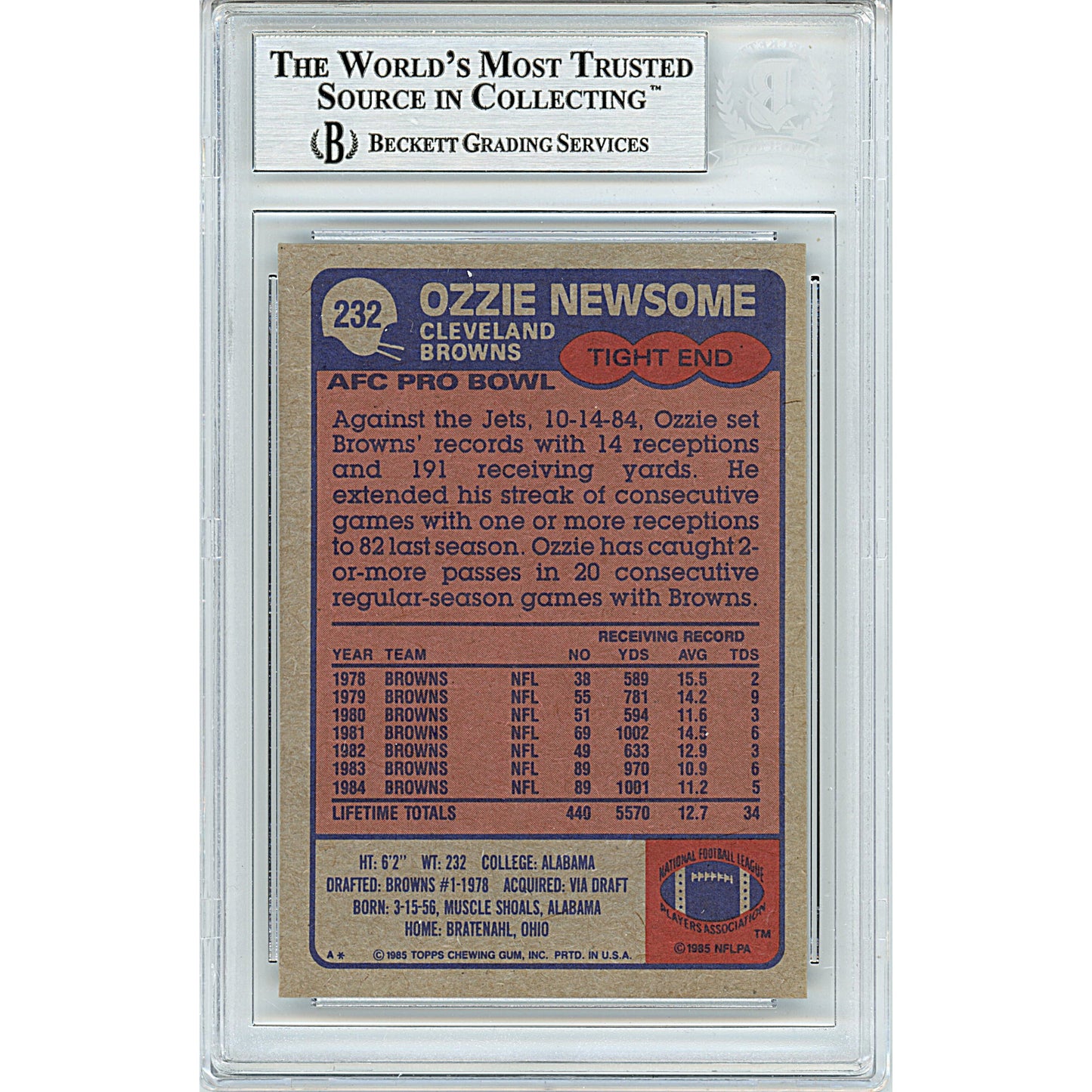 Ozzie Newsome Signed Cleveland Browns 1985 Topps Football Card Beckett Authentic Slab