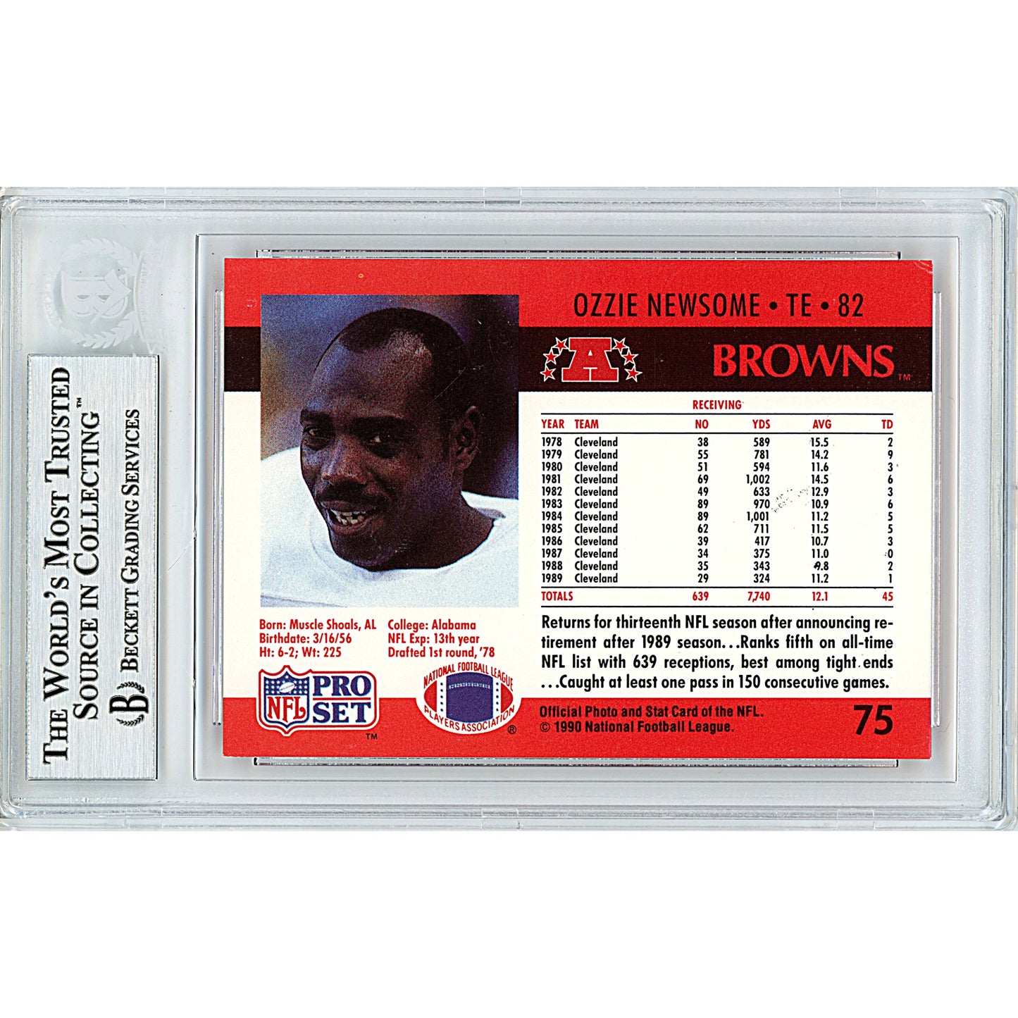 Ozzie Newsome Signed Cleveland Browns 1990 NFL Pro Set Football Card Beckett Slab