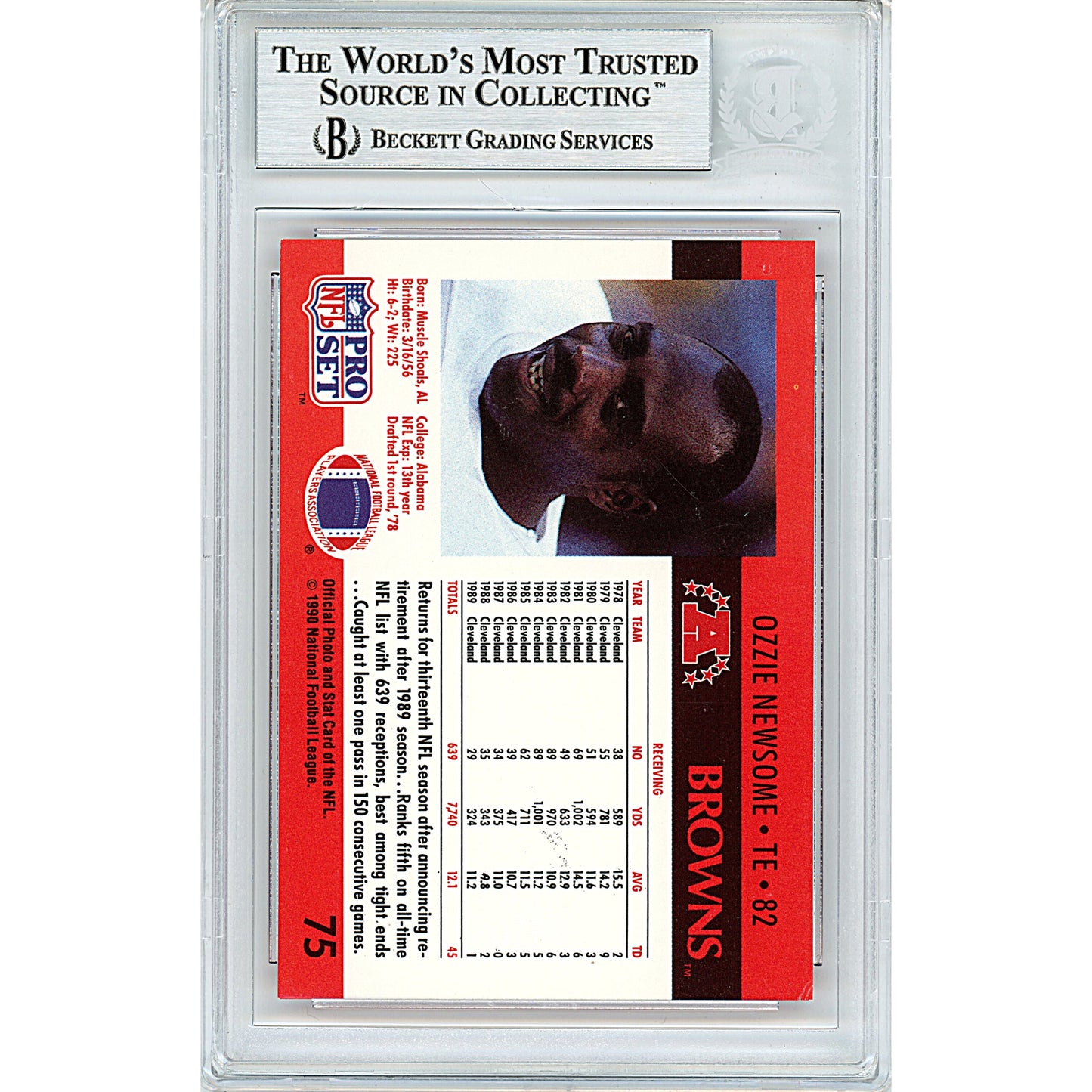 Ozzie Newsome Signed Cleveland Browns 1990 NFL Pro Set Football Card Beckett Slab