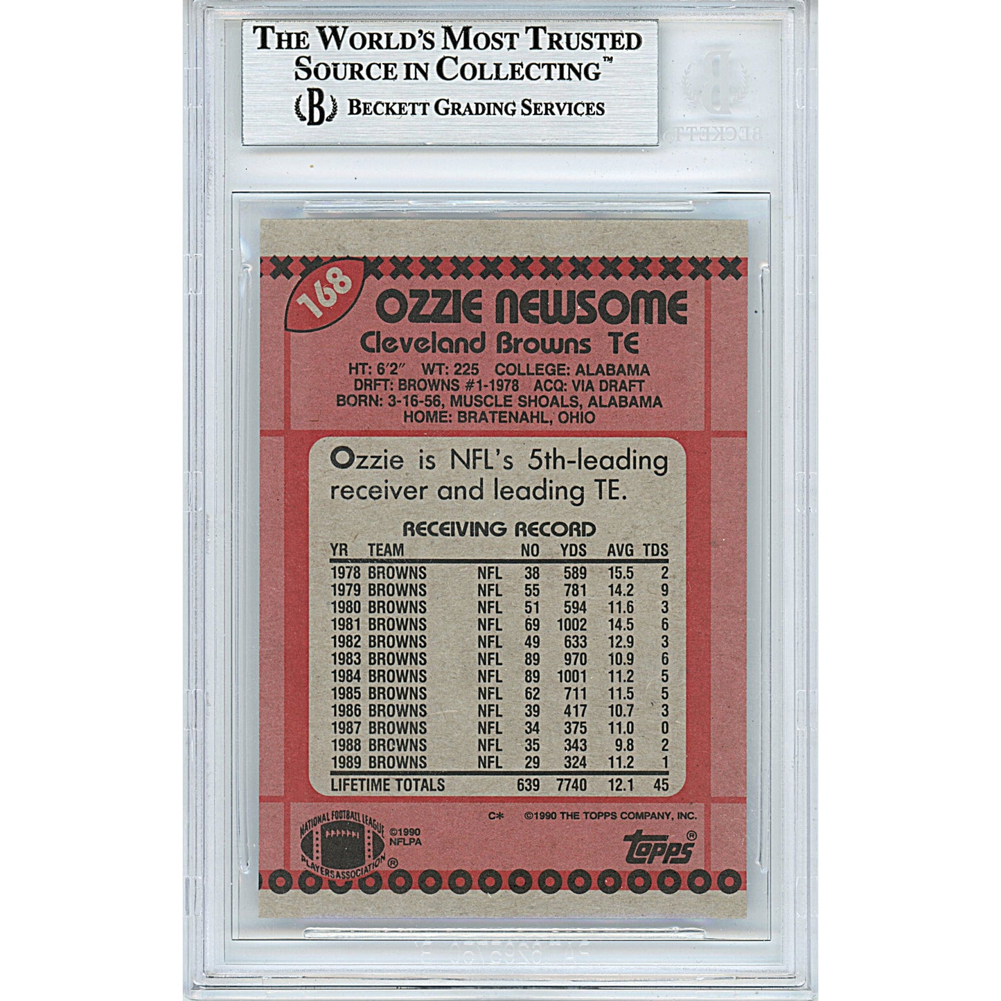 Ozzie Newsome Signed Cleveland Browns 1990 Topps Football Trading Card Beckett Slab