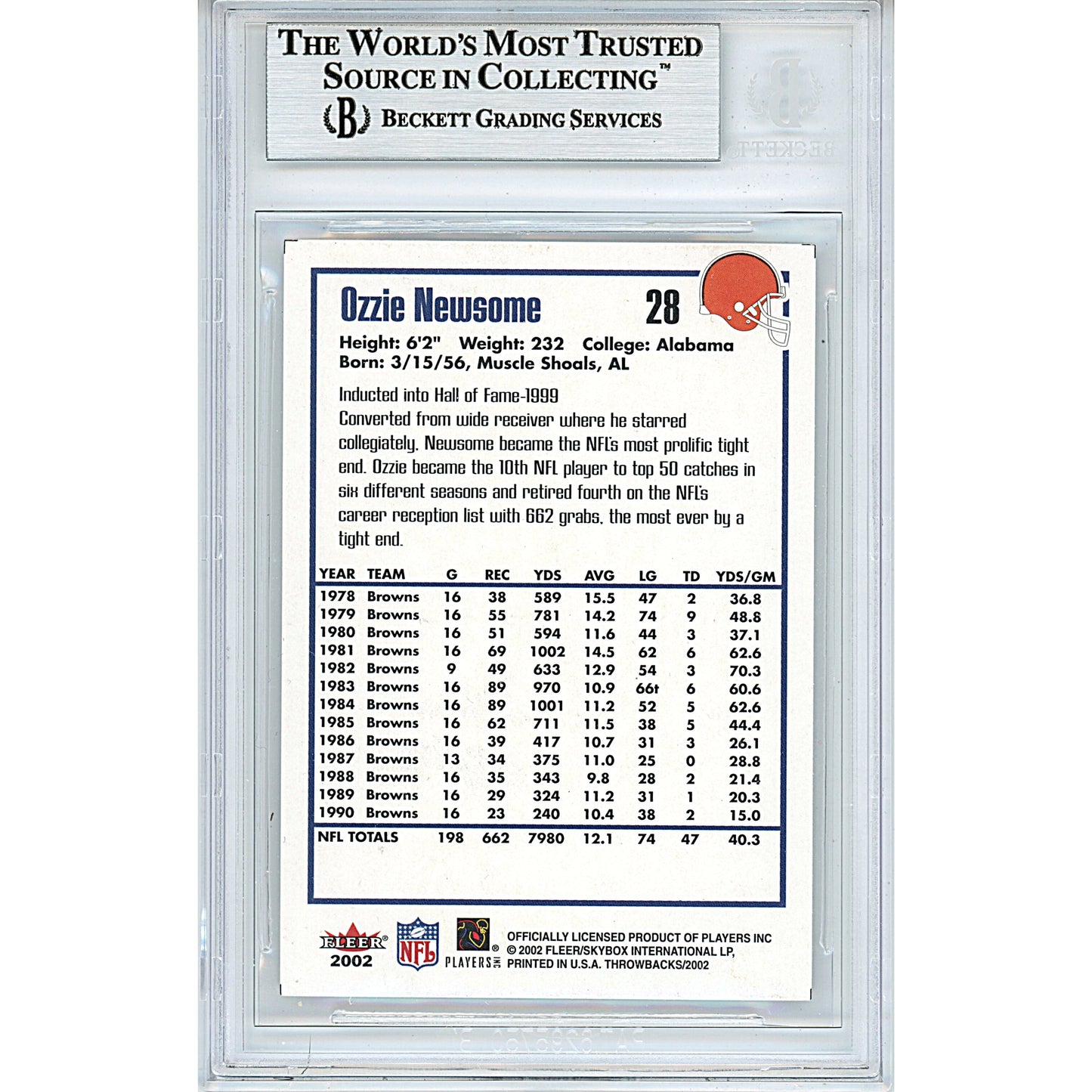Ozzie Newsome Signed Cleveland Browns 2002 Fleer Throwbacks Football Card Beckett