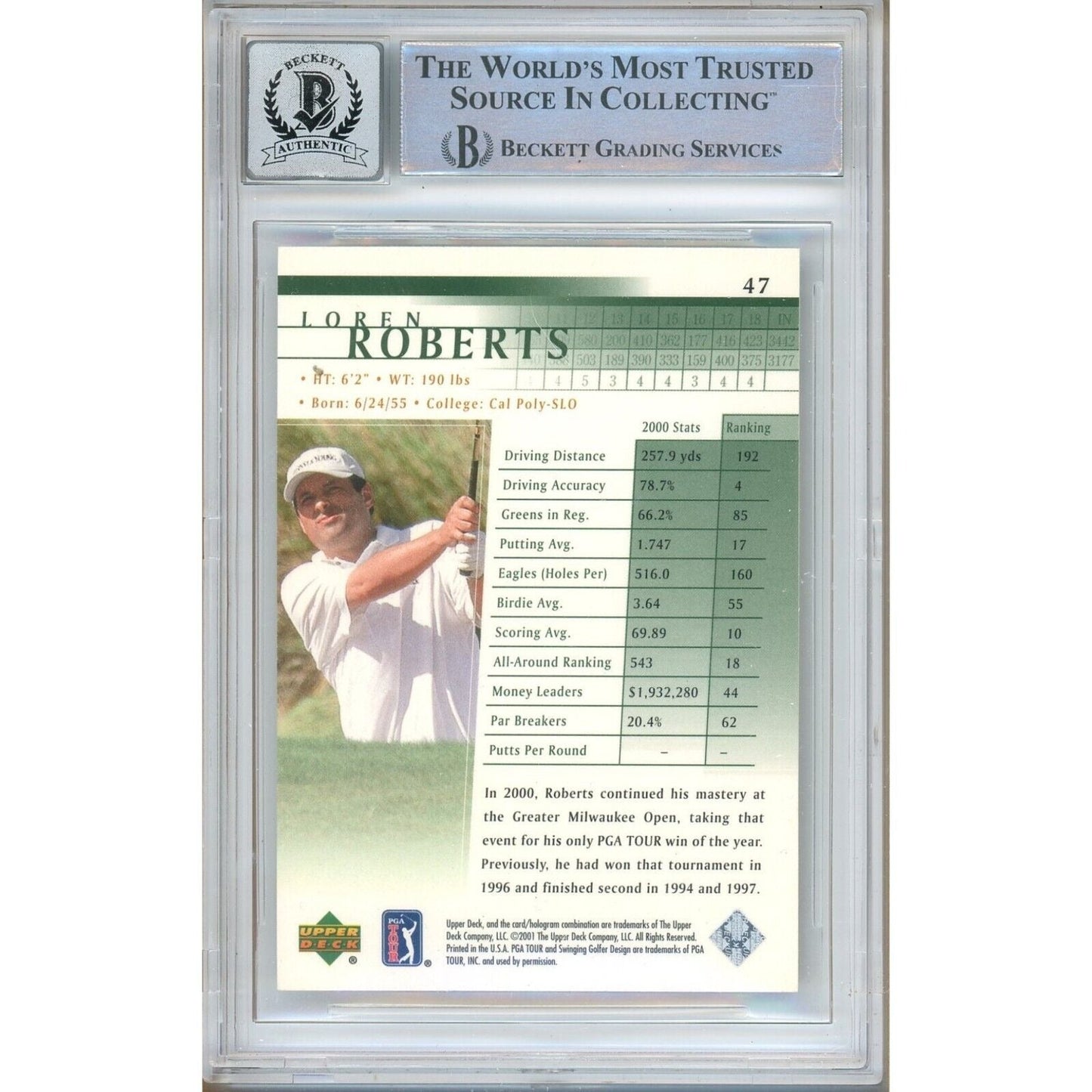 2001 Upper Deck PGA Tour #47 — Loren Roberts Autographed Trading Card — Beckett Authentication