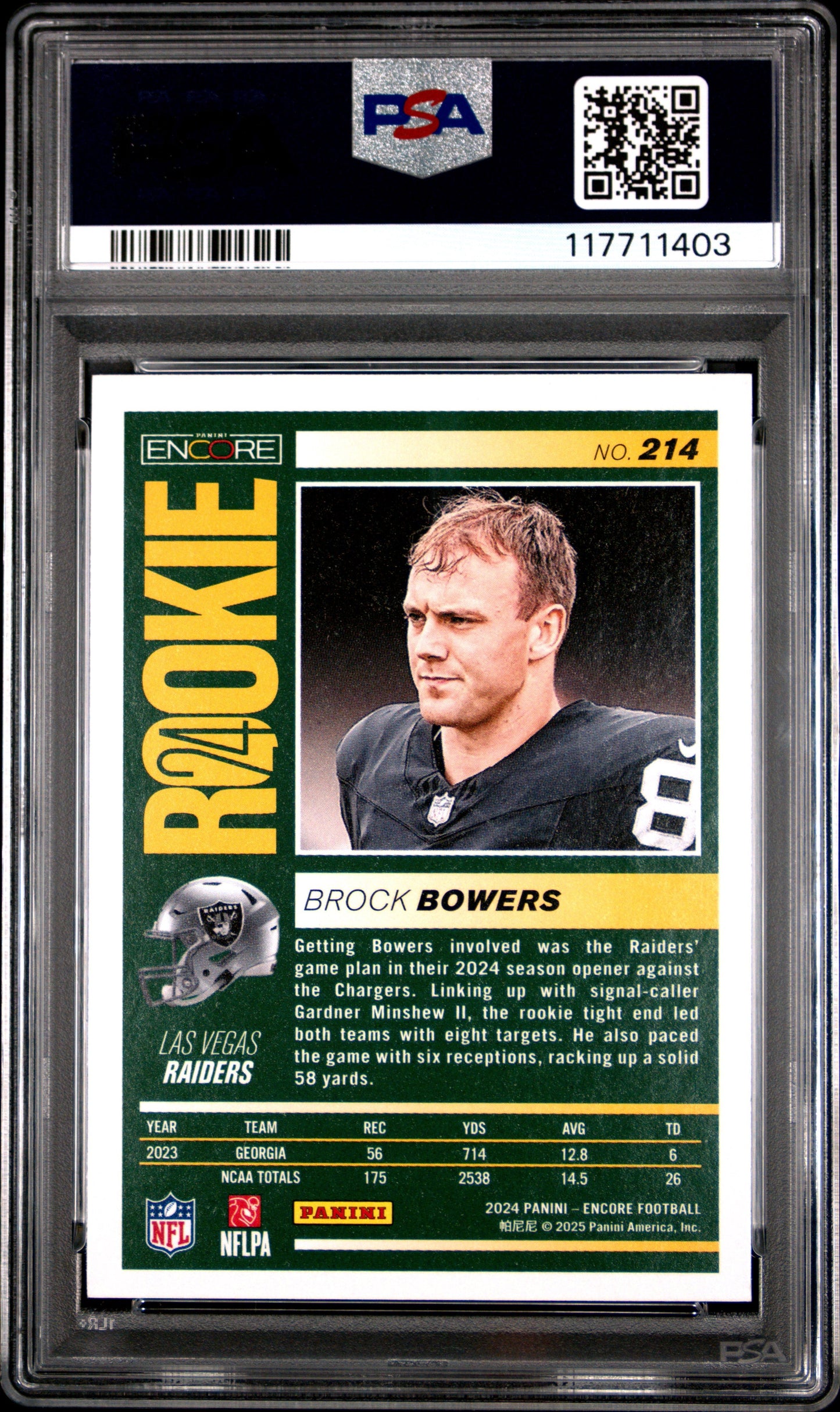 Graded 2024 Panini Encore Brock Bowers #214 Rookie RC Football Card PSA 8 Near Mint
