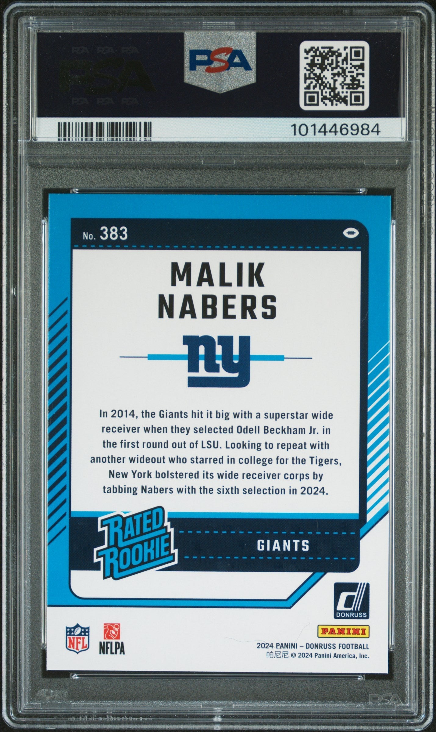 Graded 2024 Panini Donruss Malik Nabers #383 Rookie RC Football Card PSA 10 Gem Mint