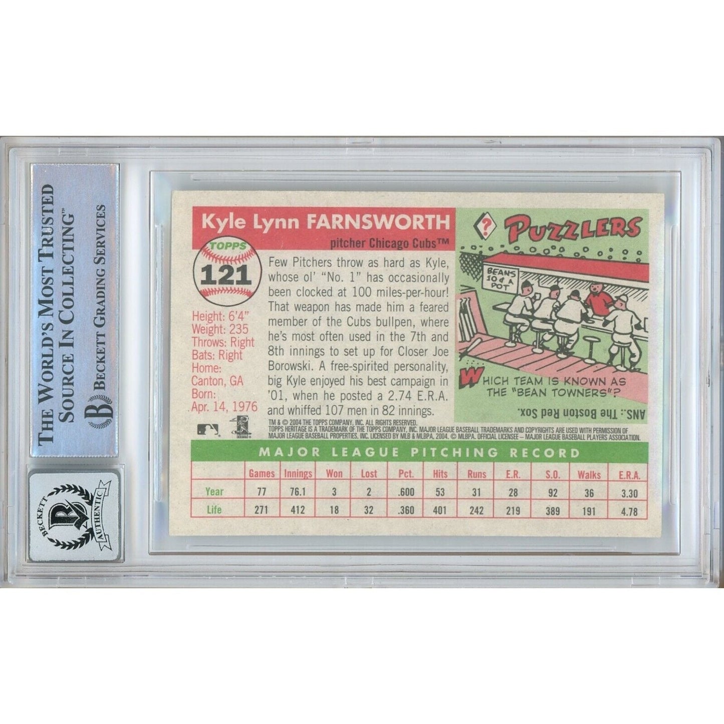 2004 Topps Heritage #121 — Kyle Farnsworth Chicago Cubs Autographed Trading Card — Beckett Authentication