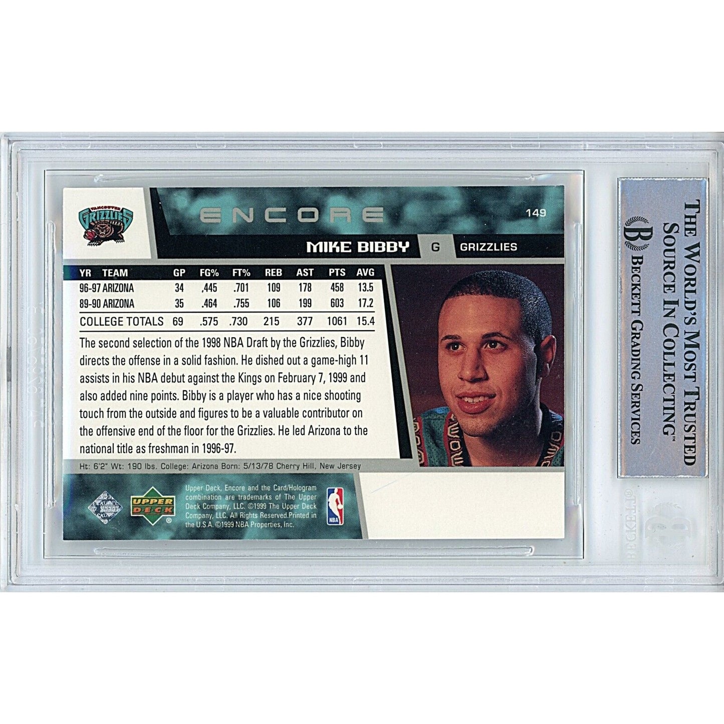 Mike Bibby Vancouver Grizzlies Signed 1998-99 Upper Deck Encore Card Beckett Auth Auto