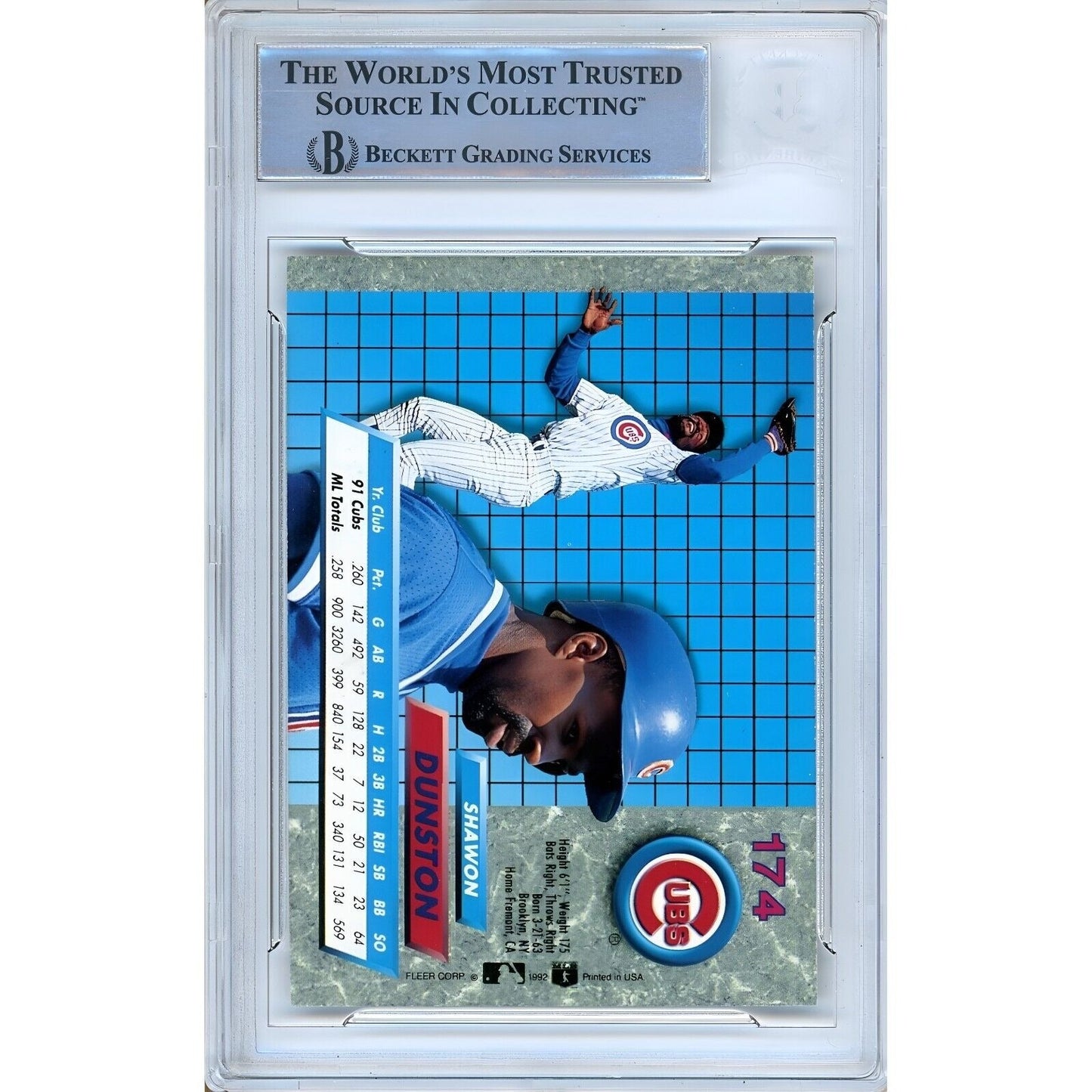 Shawon Dunston Chicago Cubs Signed 1992 Fleer Ultra Card Beckett Authentic Auto Slab