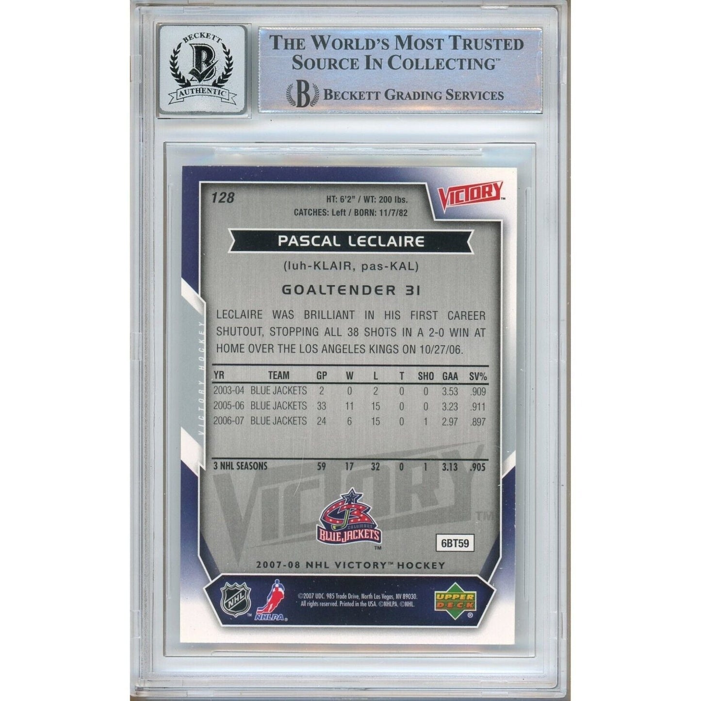 Pascal LeClaire Blue Jackets Signed 2007-08 UD Victory Card BGS Auto 10 Graded Slab