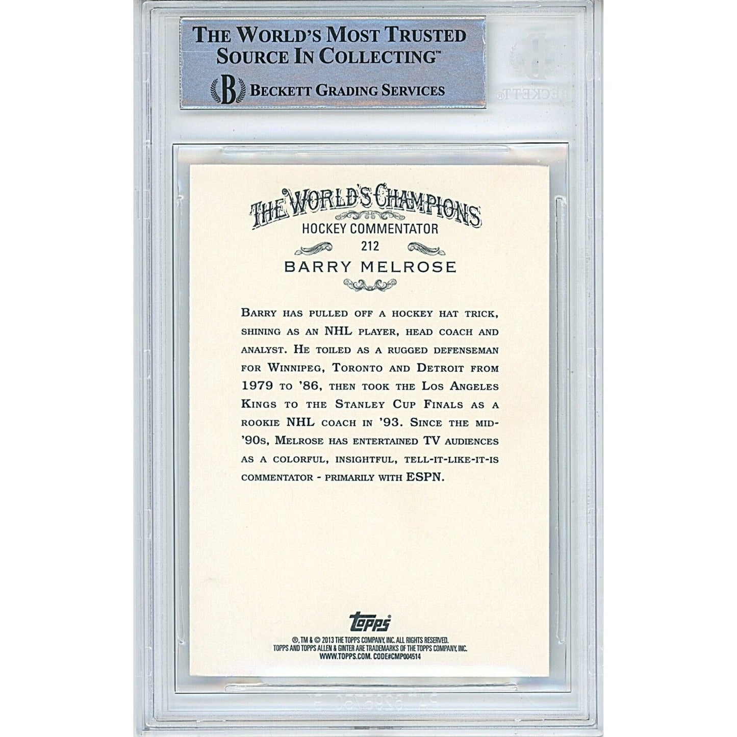 2013 Topps Allen and Ginter #212 — Barry Melrose ESPN Autographed Trading Card — Beckett Authentication