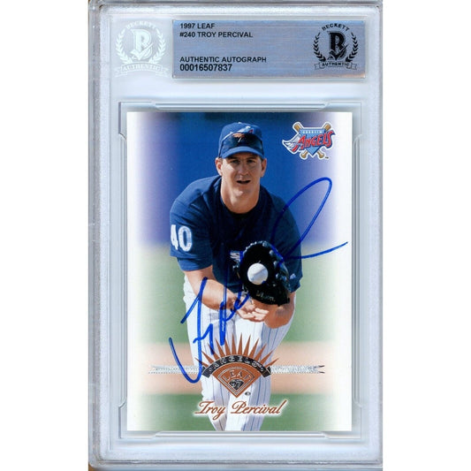Troy Percival Anaheim Angels Signed 1997 Leaf Baseball Card Beckett Authentic Auto Slab