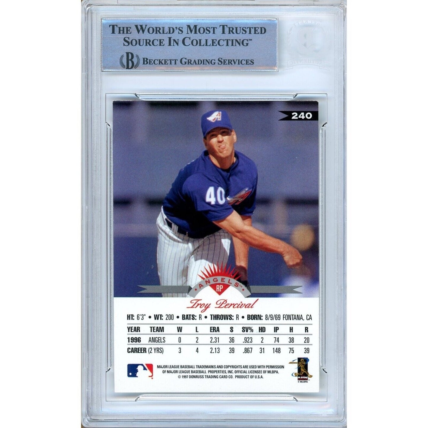 Troy Percival Anaheim Angels Signed 1997 Leaf Baseball Card Beckett Authentic Auto Slab