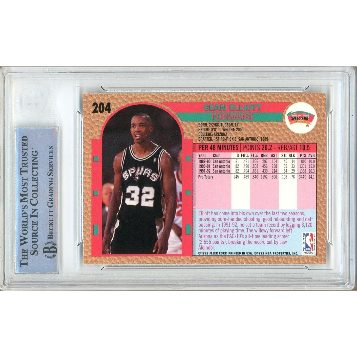 Sean Elliott San Antonio Spurs Signed 1992-93 Fleer Basketball Card Beckett Auth Auto Slab
