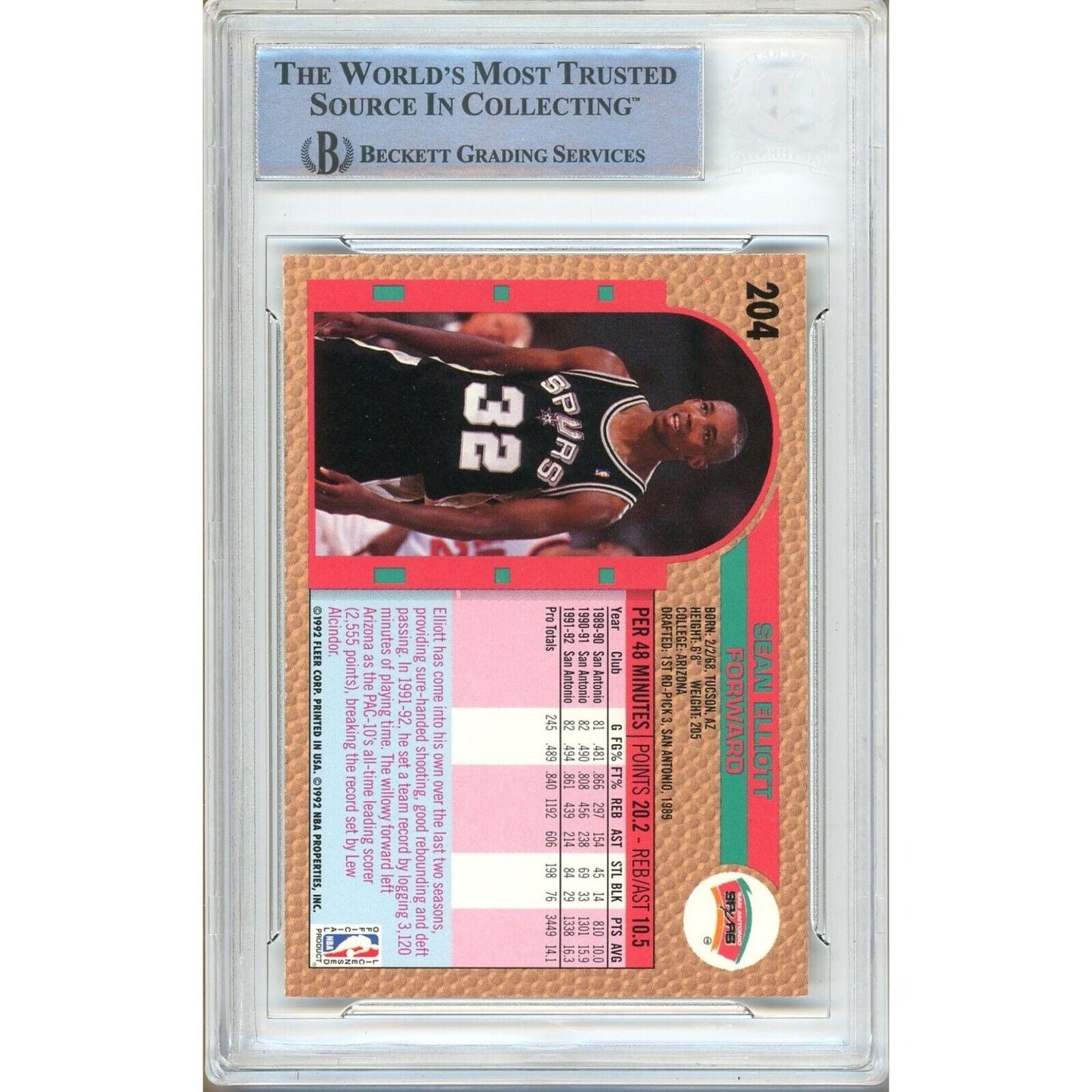 Sean Elliott San Antonio Spurs Signed 1992-93 Fleer Basketball Card Beckett Auth Auto Slab