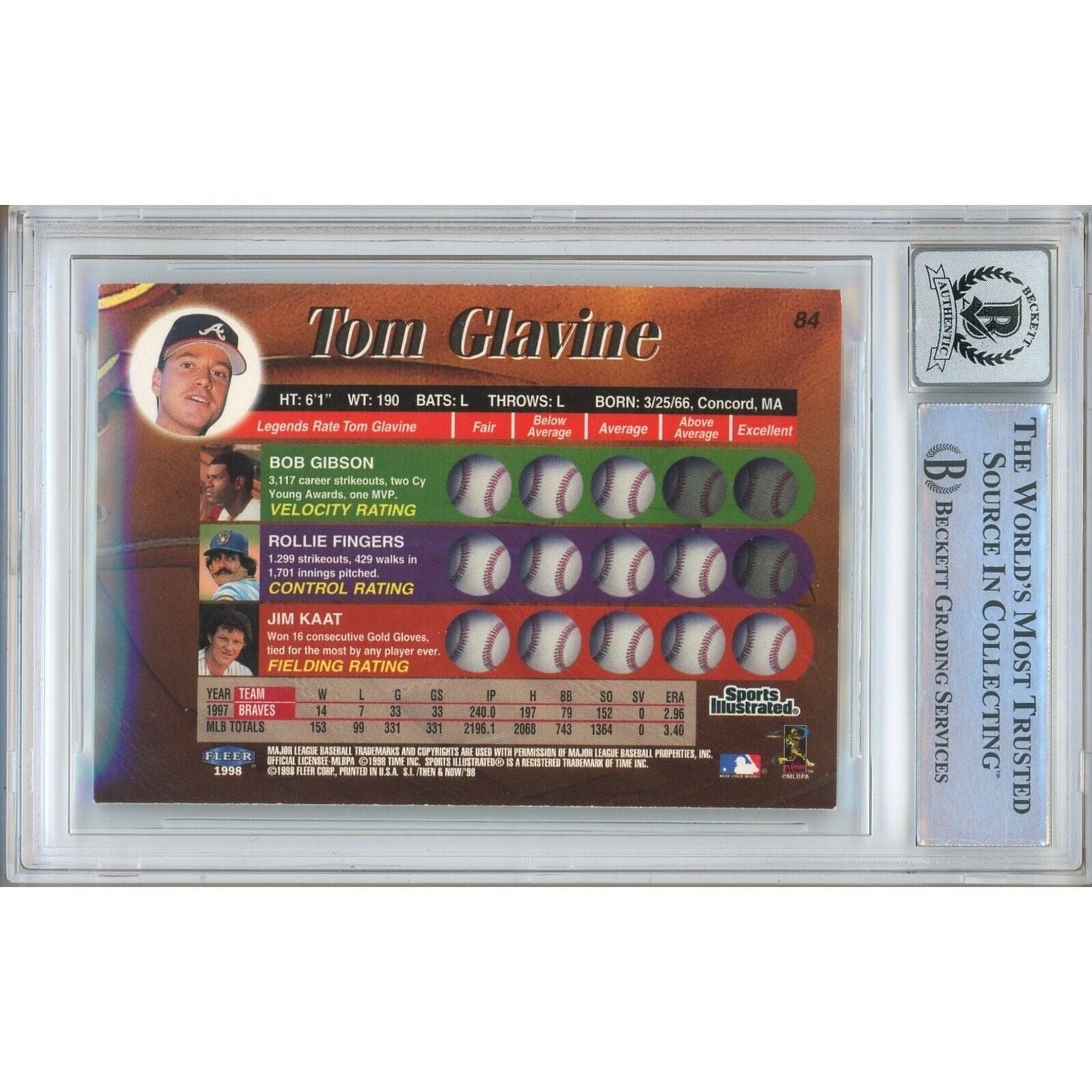 Tom Glavine Atlanta Braves Signed 1999 Sports Illustrated Card BGS Auto 10 Graded Slab