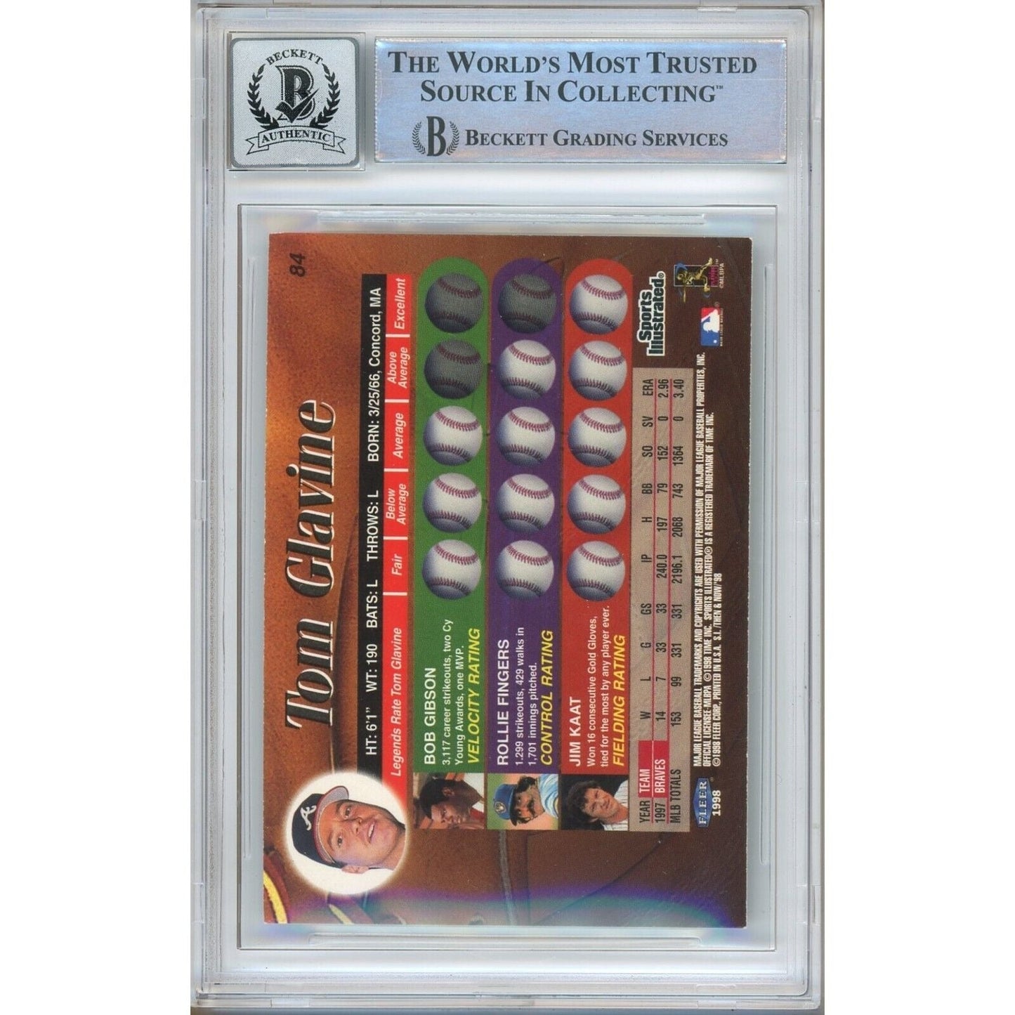 Tom Glavine Atlanta Braves Signed 1999 Sports Illustrated Card BGS Auto 10 Graded Slab