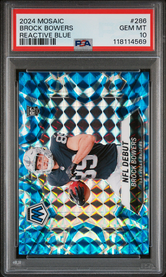 Graded 2024 Panini Mosaic Brock Bowers #286 Reactive Blue Rookie RC Football Card PSA 10 Gem Mint