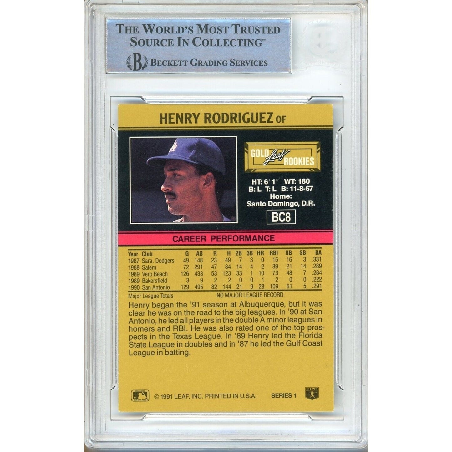 1991 Leaf #BC8 — Henry Rodriguez Los Angeles Dodgers Autographed Trading Card — Beckett Authentication