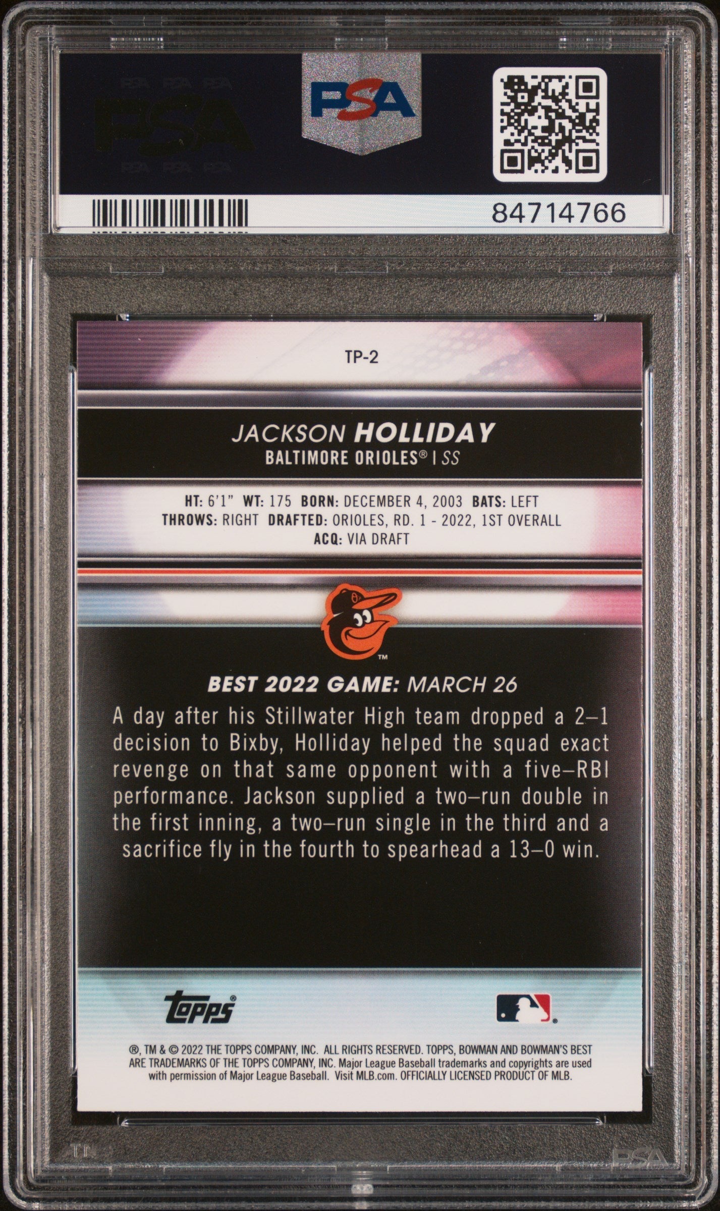 Graded 2022 Topps Bowmans Best Jackson Holliday #TP2 Top Prospects Rookie RC Baseball Card PSA 10 Gem Mint
