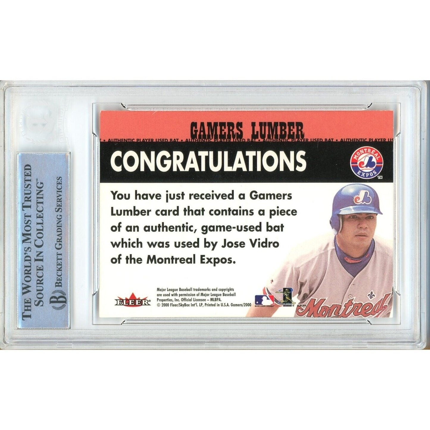 2000 Fleer Gamers Lumber — Jose Vidro Montreal Expos Autographed Trading Card — Beckett Authentication