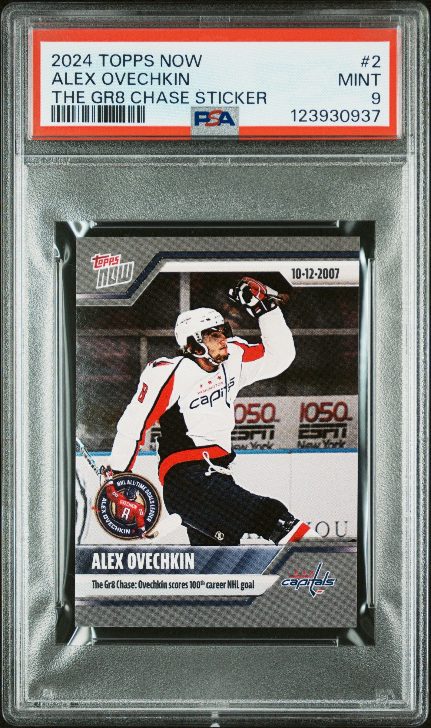 Graded 2024 Topps Now Alex Ovechkin #2 The GR8 Chase Sticker Hockey Card PSA 9 Mint