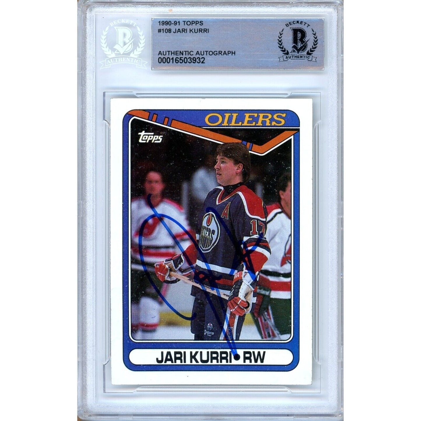1990-91 Topps #108 — Jari Kurri Edmonton Oilers Autographed Trading Card — Beckett Authentication